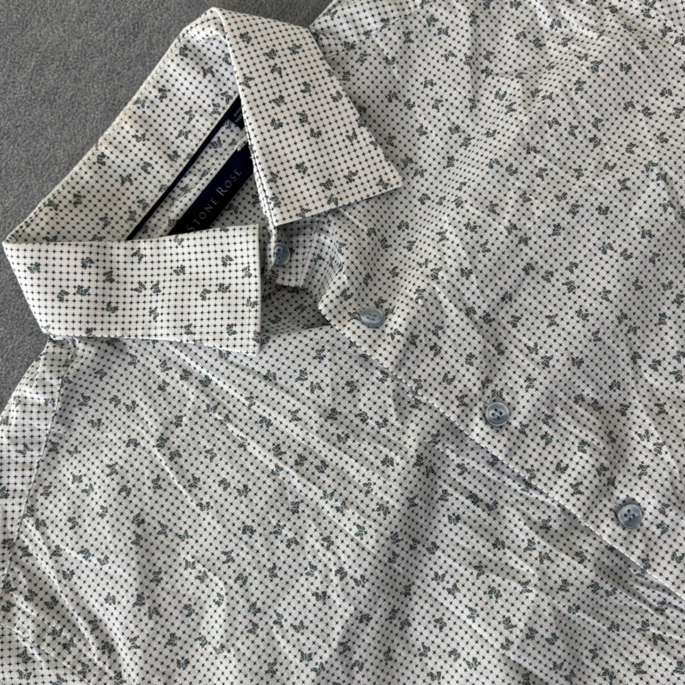Stone Rose Mens White Blue Butterfly Geometric Short Sleeve Button Down Shirt S